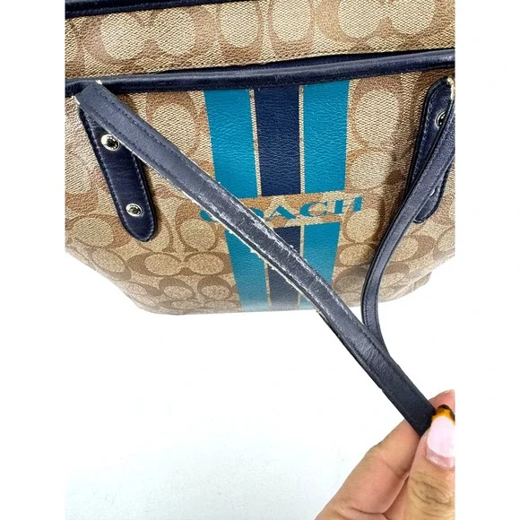Coach City Tote Signature Canvas Varsity Stripe Brown Teal Navy Zip Top Bag - Picture 4 of 9